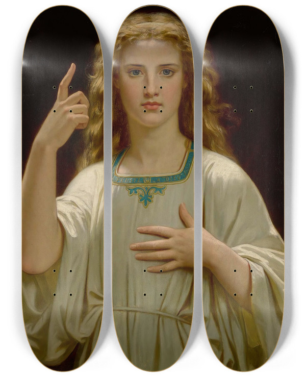 Triptych art skateboard deck of Hugues Merle Pensez Dieu by Hugues Merle (1823-1881)