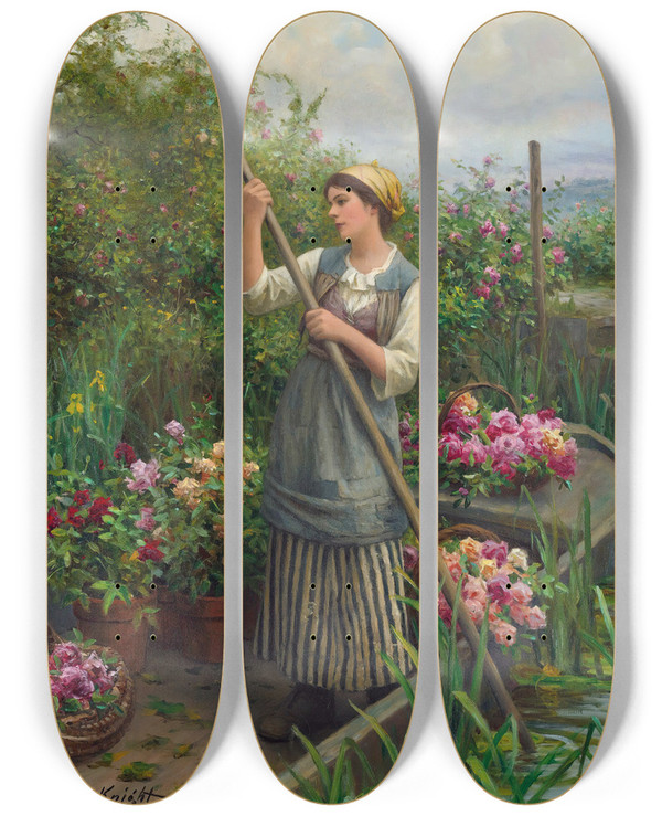 Triptych art skateboard deck of Daniel Ridgway Knight Gathering Flowers Along The River by Daniel Ridgway Knight (1839-1924)