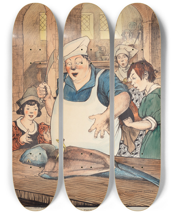 Triptych art skateboard deck of Elizabeth Tyler Wolcott Tom Thumb by Elizabeth Tyler Wolcott (1892-1952)