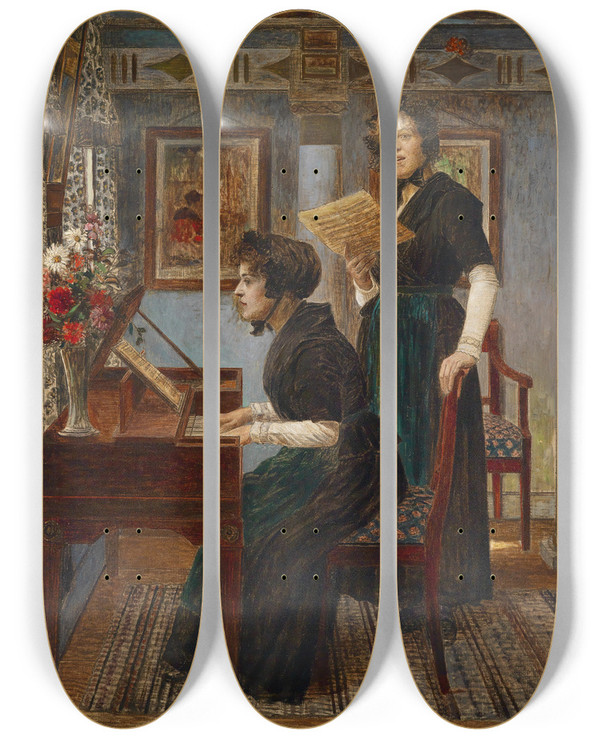 Triptych art skateboard deck of Walther Firle Die Gesangsstunde by Walther Firle (1859-1929)