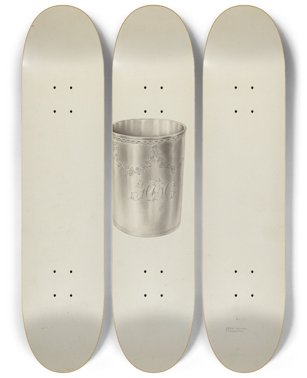 Triptych art skateboard deck of Palmyra Pimentel Silver Beaker_1 by Palmyra Pimentel