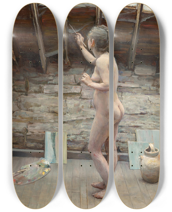 Triptych art skateboard deck of Alexander Harrison Model Painting by Alexander Harrison (1853-1930)