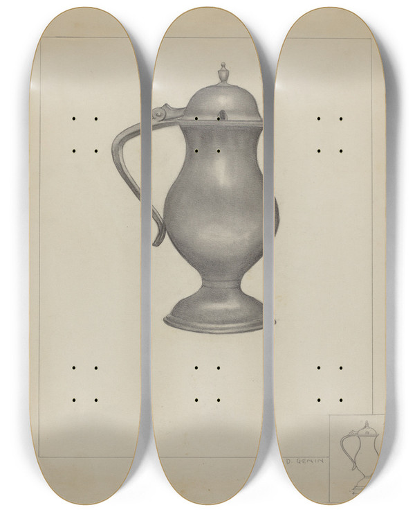 Triptych art skateboard deck of Irving D Genin Pewter Pitcher by Irving D Genin