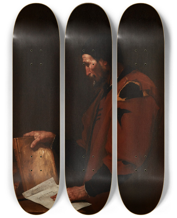 Triptych art skateboard deck of Jusepe De Ribera A Philosopher Probably Euclid by Jusepe de Ribera (1591-1652)