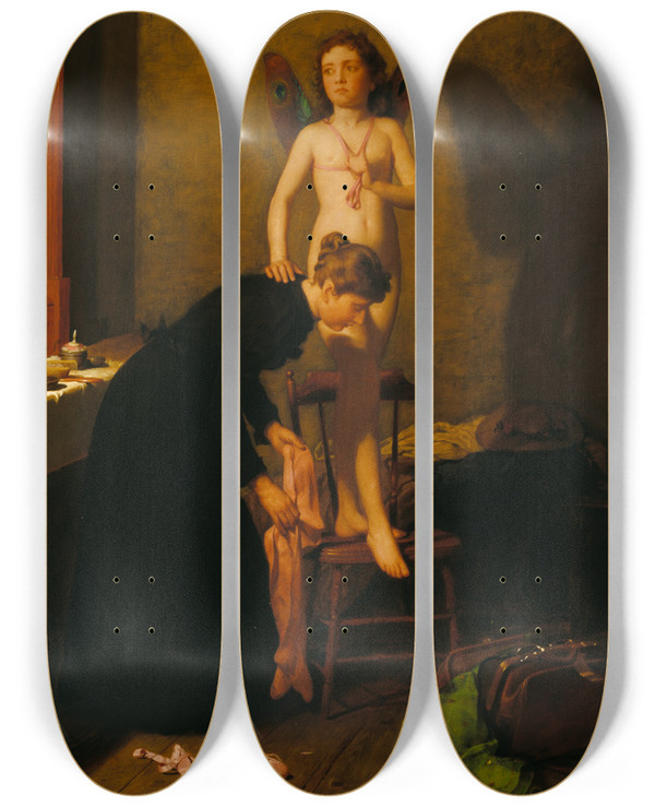 Triptych art skateboard deck of Seymour Joseph Guy Dressing For The Rehearsal by Seymour Joseph Guy (1824-1910)