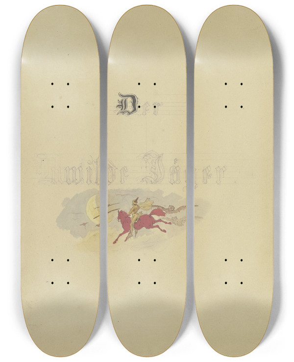 Triptych art skateboard deck of Eugen Klimsch Titelblatt Der Wilde Jger by Eugen Klimsch (1839-1896)