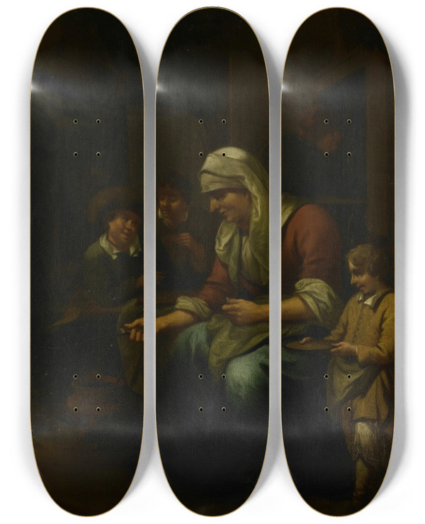 Triptych art skateboard deck of Bernardus Van Schijndel Woman Making Pancakes by Bernardus Van Schijndel (1647-1709)