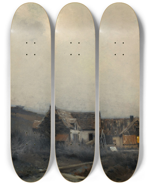 Triptych art skateboard deck of Jean Charles Cazin Moonlit Cottages by Jean Charles Cazin (1840-1901)