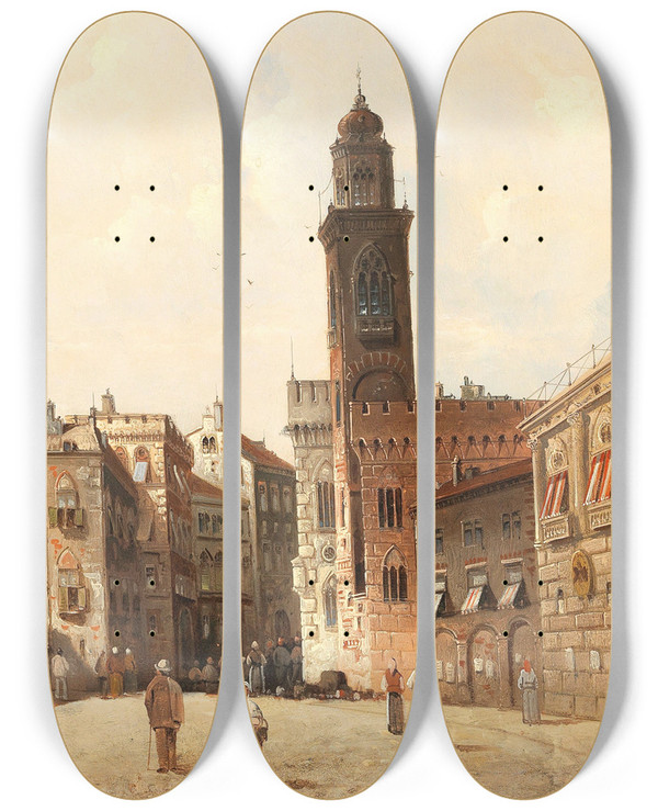 Triptych art skateboard deck of August Von Siegen Platz In Cavalis by August Von Siegen (1850-1910)