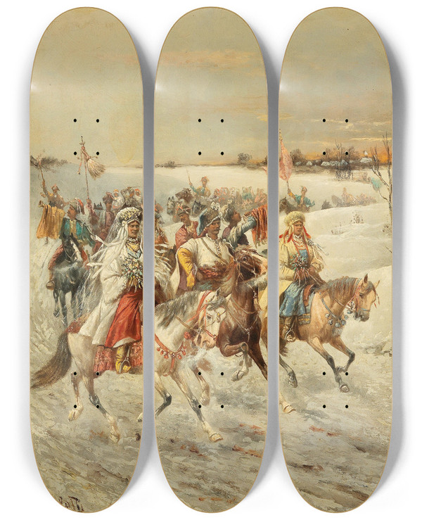 Triptych art skateboard deck of Adolf Baumgartnerstoiloff Cossack Wedding by Adolf Baumgartner Stoiloff (1850-1924)