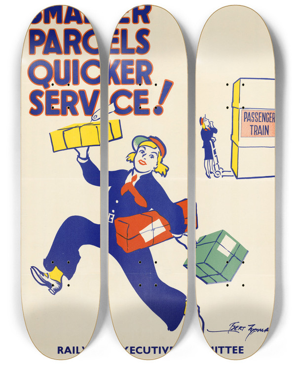 Triptych art skateboard deck of Bert Thomas Smaller Parcels Quicker Service by Bert Thomas (1883-1966)