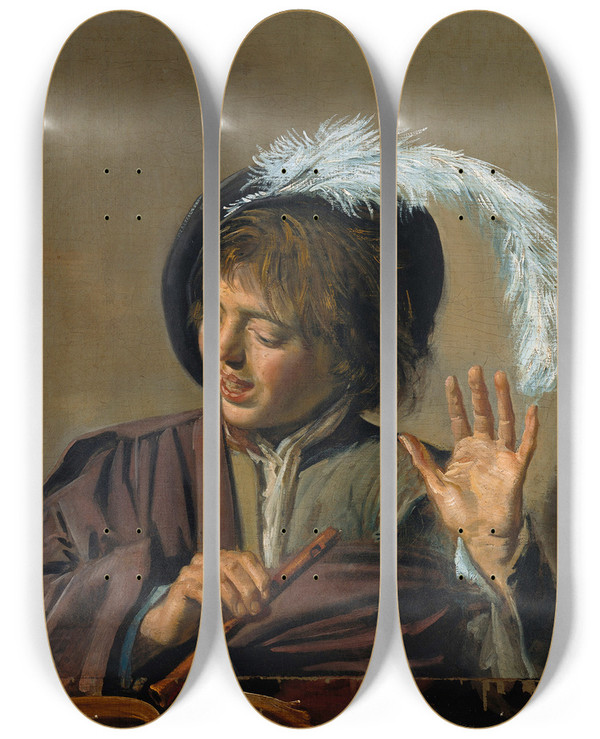 Triptych art skateboard deck of Frans Hals Singing Boy With Flute by Frans Hals (1581-1666)