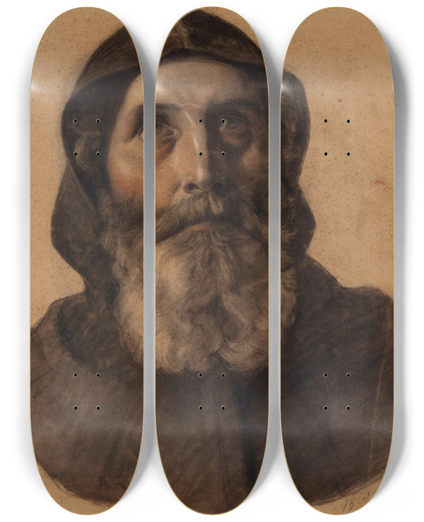 Triptych art skateboard deck of Alexandre Bida Tte De Moine Barbu by Alexandre Bida (1823-1895)