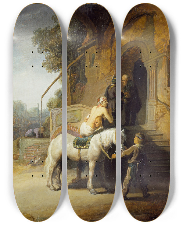 Triptych art skateboard deck of Rembrandt Van Rijn The Good Samaritan by Rembrandt Van Rijn (1606-1669)