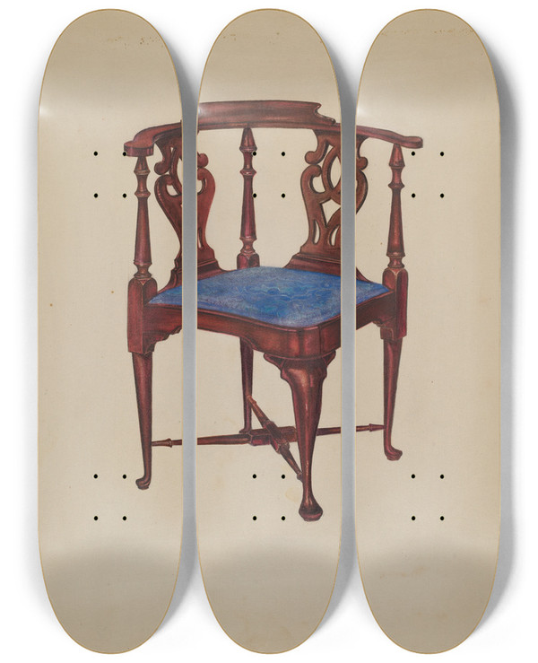 Triptych art skateboard deck of Ruth Bialostosky Roundabout Chair by Ruth Bialostosky