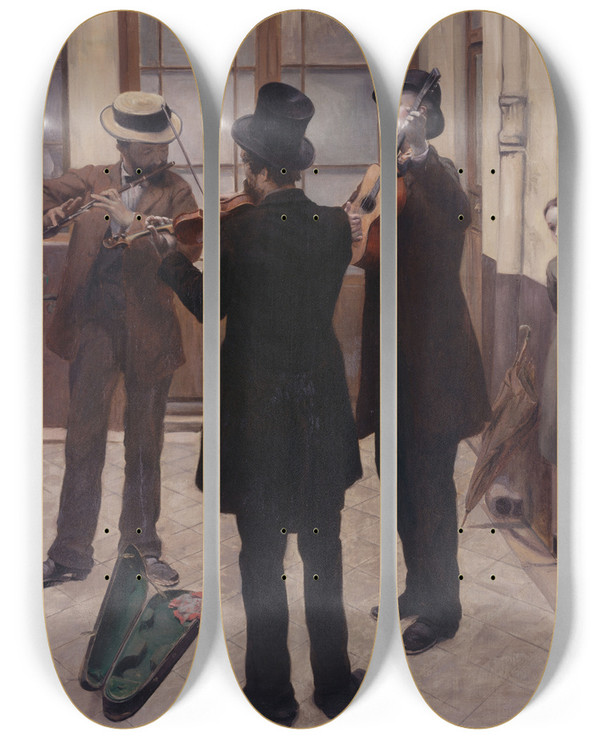 Triptych art skateboard deck of Paulalbert Bartholom The Musicians by Paul-Albert Bartholom (1848-1928)