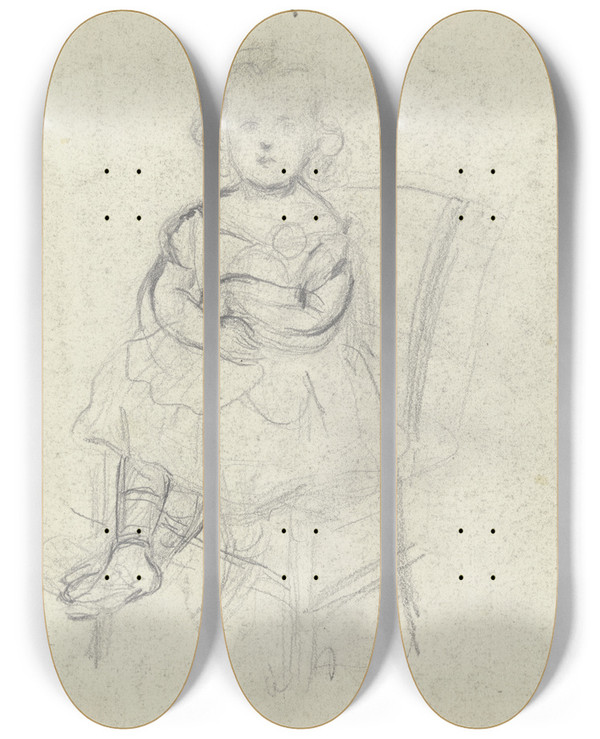 Triptych art skateboard deck of Otto Scholderer Mdchen Mit Puppe Auf Einem Stuhl Sitzend by Otto Scholderer (1834-1902)
