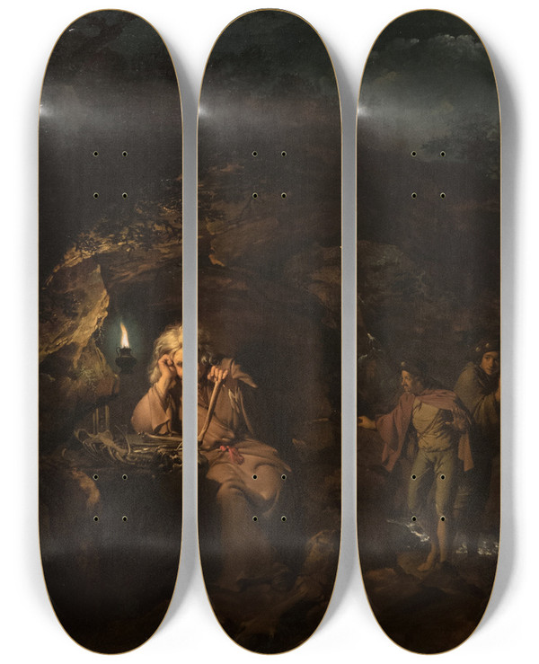 Triptych art skateboard deck of Joseph Wright Of Derby A Philosopher By Lamplight by Joseph Wright Of Derby (1734-1797)