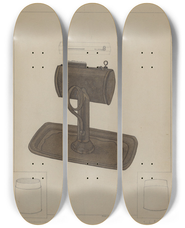 Triptych art skateboard deck of Marie Famularo Lamp And Tallow Strainer by Marie Famularo