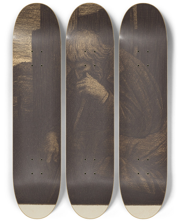 Triptych art skateboard deck of Alphonse Legros Thinker Le Penseur by Alphonse Legros (1837-1911)