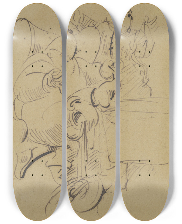 Triptych art skateboard deck of Wilhelm Busch Herr Knopp Verschttet Seinen Kaffee by Wilhelm Busch (1832-1908)
