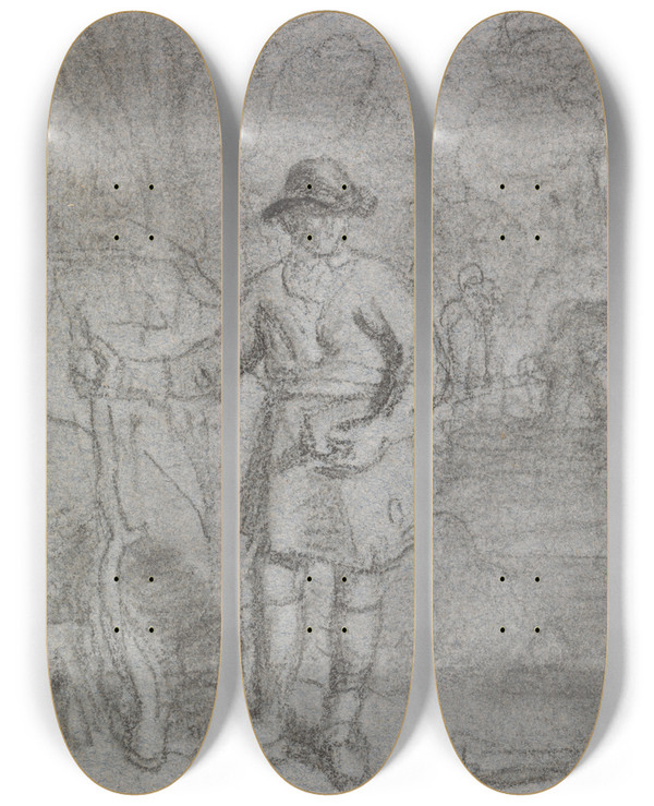 Triptych art skateboard deck of Joshua Cristall Study Of A Man Holding A Stick by Joshua Cristall (1765-1847)