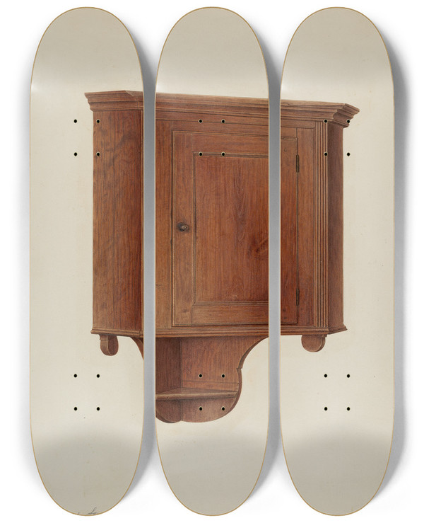 Triptych art skateboard deck of Harry Eisman Hanging Corner Cupboard by Harry Eisman