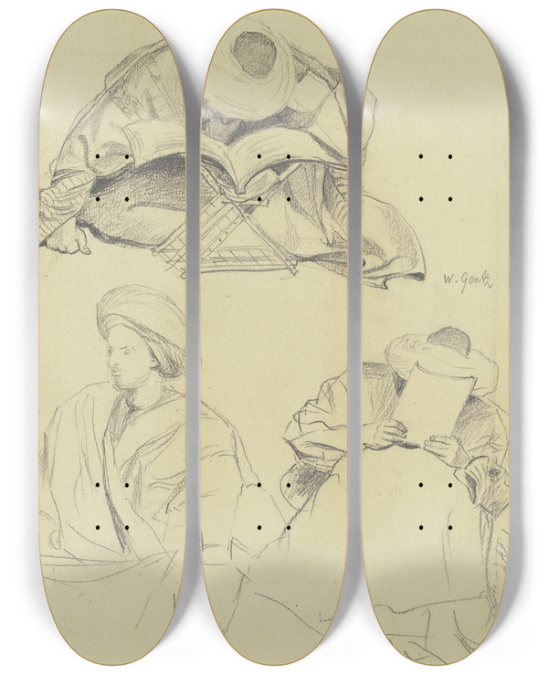 Triptych art skateboard deck of Wilhelm Gentz Studienblatt Arabische Gelehrte Mit Bchern by Wilhelm Gentz (1822-1890)