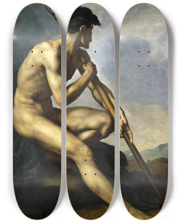 Triptych art skateboard deck of Thodore Gricault Nude Warrior With A Spear by Theodore Gericault (1791-1824)