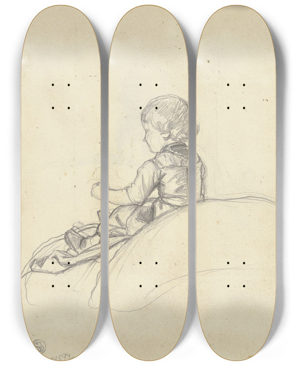 Triptych art skateboard deck of Jakob Becker Sitzendes Kleines Mdchen Rckenfigur by Jakob Becker (1810-1872)