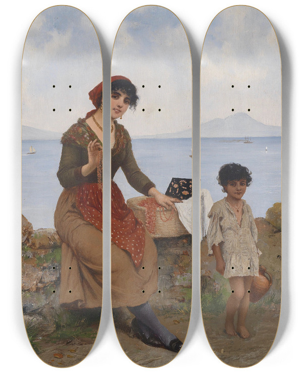Triptych art skateboard deck of Moritz Stifter Schmuckverkuferin An Der Kste by Moritz Stifter (1857-1905)