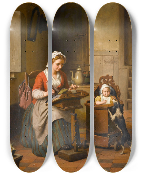 Triptych art skateboard deck of Basile De Loose The Lacemaker by Basile De Loose (1809-1885)