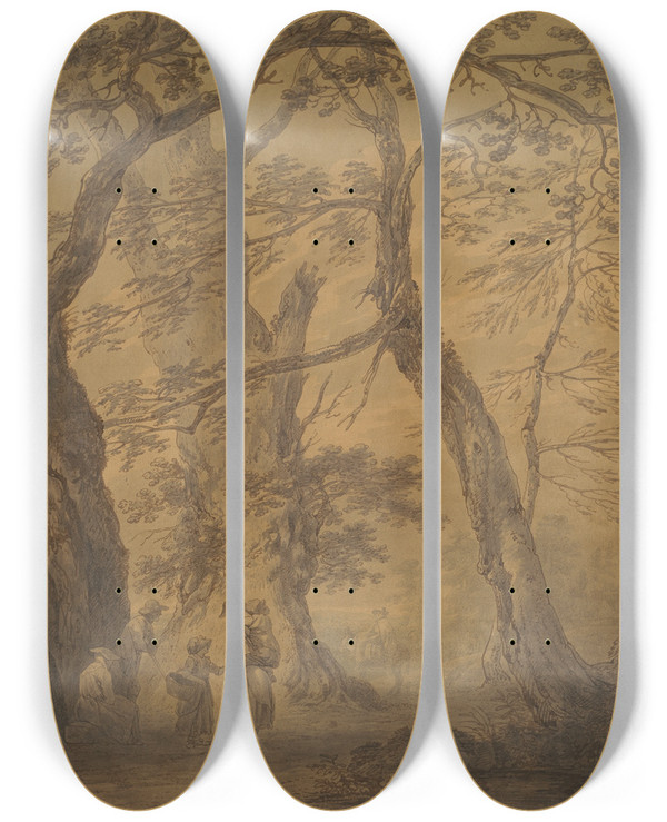 Triptych art skateboard deck of Joseph Farington Landscape With Trees And Figures by Joseph Farington (1747-1821)