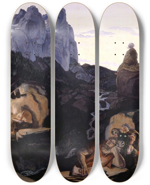 Triptych art skateboard deck of Albert Welti The Three Hermits by Albert Welti (1862-1912)