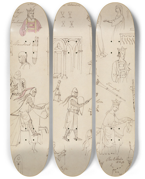 Triptych art skateboard deck of Robert Smirke Studies From A Fench Mss Bible Register by Robert Smirke (1752-1845)