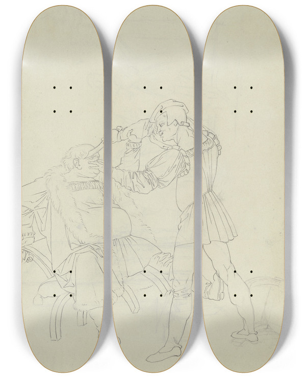 Triptych art skateboard deck of Peter Von Cornelius Auerbachs Keller Zu Leipzig Zwei Zecher by Peter Von Cornelius (1784-1867)