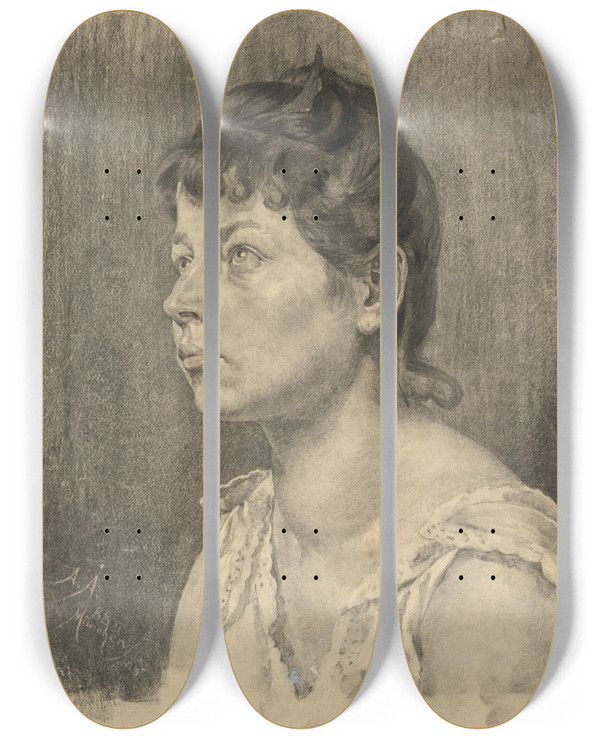 Triptych art skateboard deck of Kos Aranyossy Podobize Dievaa So Zdvihnutou Hlavou by kos Aranyossy