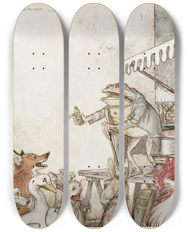 Triptych art skateboard deck of Arthur Rackham The Quack Frog by Arthur Rackham (1867-1939)