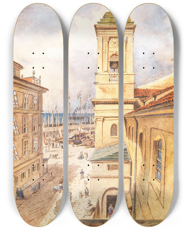 Triptych art skateboard deck of Carlo Canella San Nicol Trieste by Carlo Canella (1800-1879)