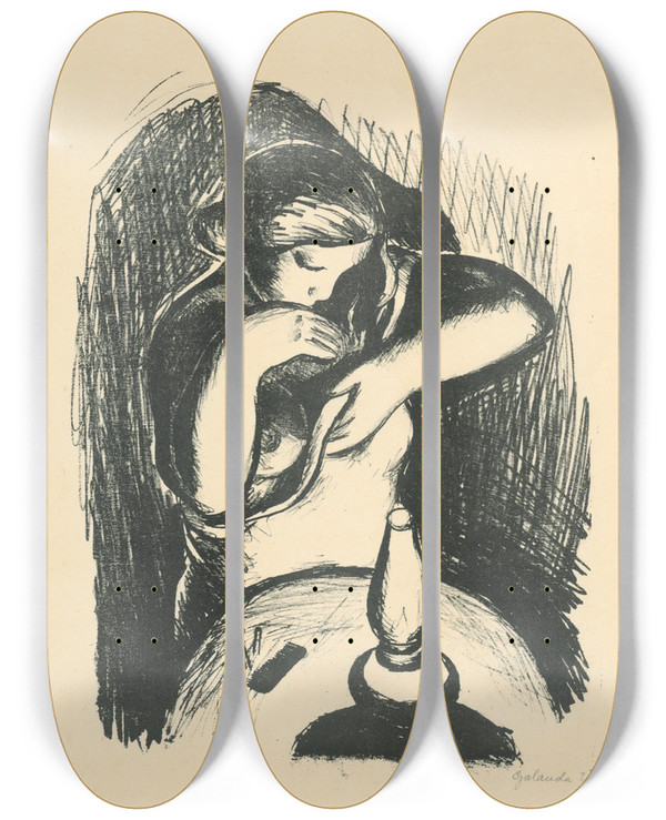 Triptych art skateboard deck of Mikul Galanda Toaleta Pri Lampe by Mikulas Galanda (1895-1938)