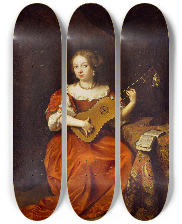 Triptych art skateboard deck of Caspar Netscher A Young Lady Playing The Guitar by Caspar Netscher (1639-1684)