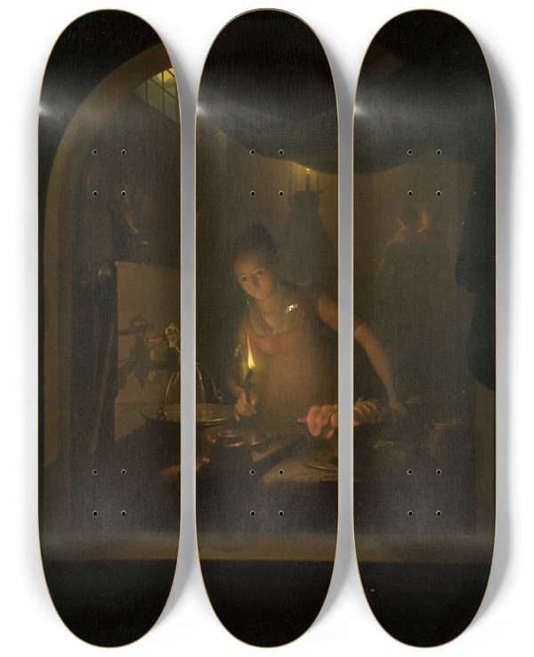 Triptych art skateboard deck of Adriaan Meulemans Kitchen By Lamplight by Adriaan Meulemans (1766-1835)