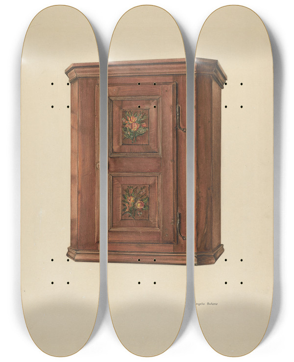 Triptych art skateboard deck of Angelo Bulone Zoar Cherry Bonnet Cabinet by Angelo Bulone