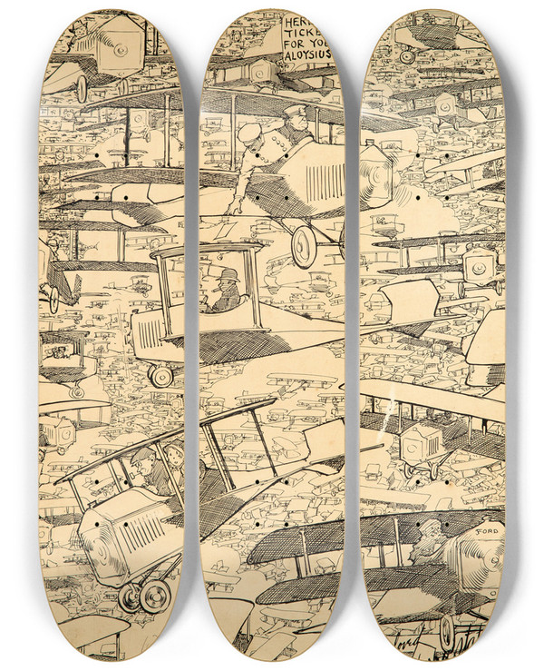 Triptych art skateboard deck of Winsor Mccay When Fords Begin To Fly by Winsor Mccay (1869-1934)