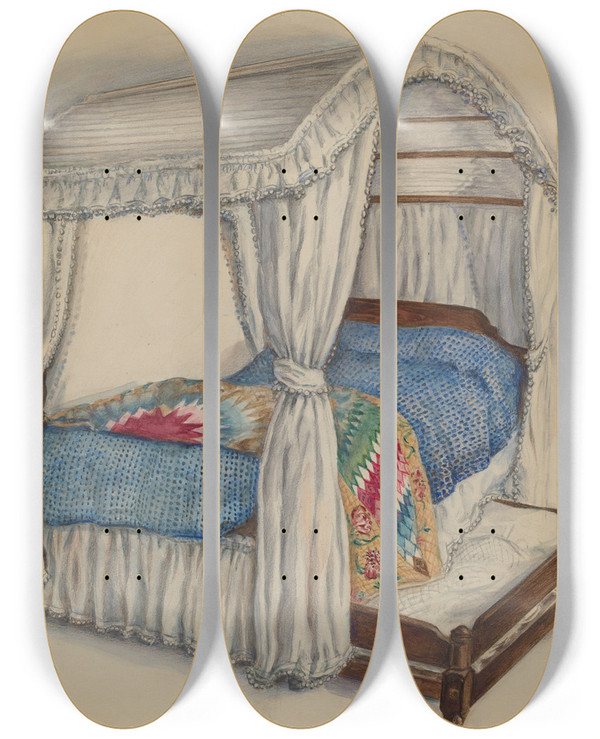 Triptych art skateboard deck of Irene Malawicz Bedstead_1 by Irene Malawicz