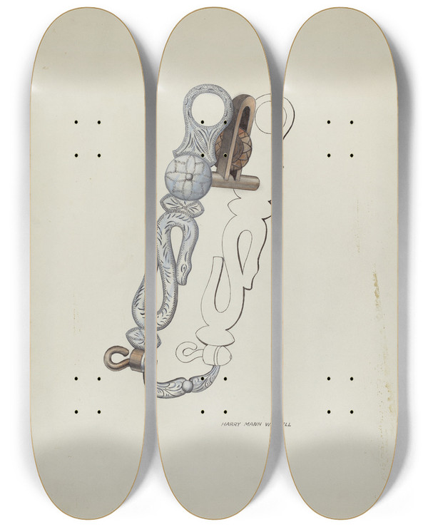 Triptych art skateboard deck of Eva Fox And Harry Mann Waddell Spanish Bit by Eva Fox And Harry Mann Waddell