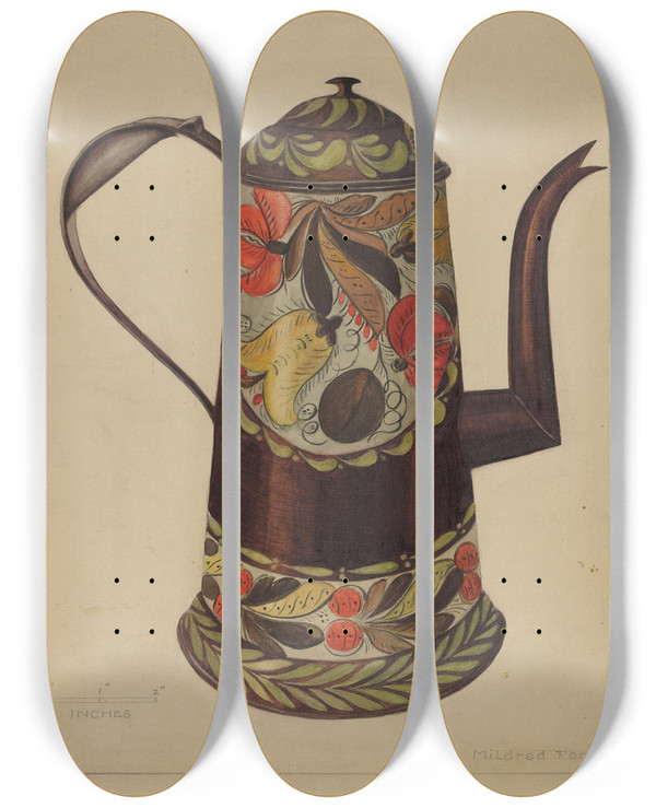 Triptych art skateboard deck of Mildred Ford Toleware Coffee Pot_2 by Mildred Ford (20-)