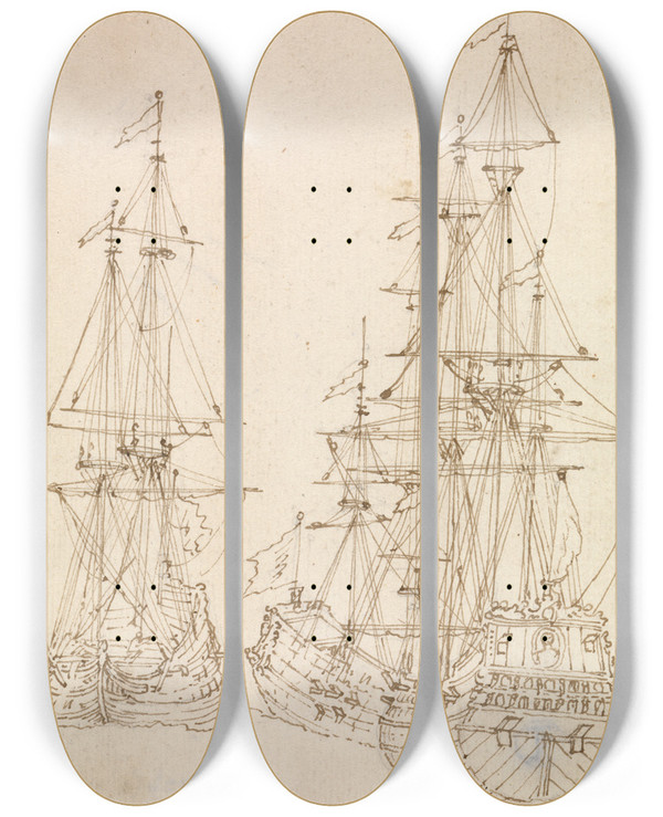 Triptych art skateboard deck of Francis Place Studies Of Ships by Francis Place