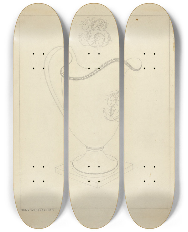Triptych art skateboard deck of Hans Westendorff Silver Cream Pitcher by Hans Westendorff