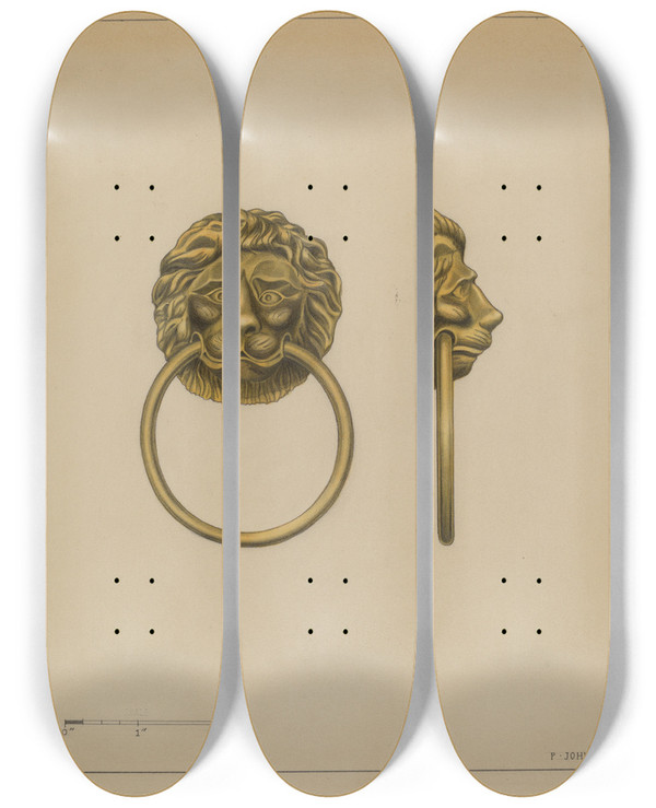 Triptych art skateboard deck of Philip Johnson Drawer Pull_1 by Philip Johnson
